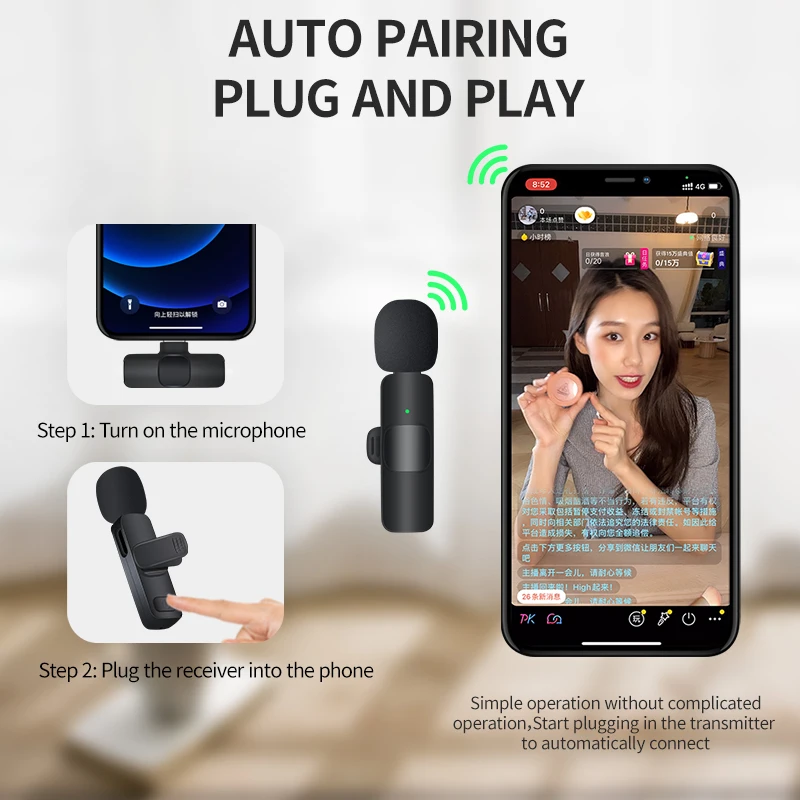 무선 라 발리에 마이크 휴대용 오디오 비디오 녹화 iPhone 용 미니 마이크 안드로이드 라이브 방송 게임 전화 수신