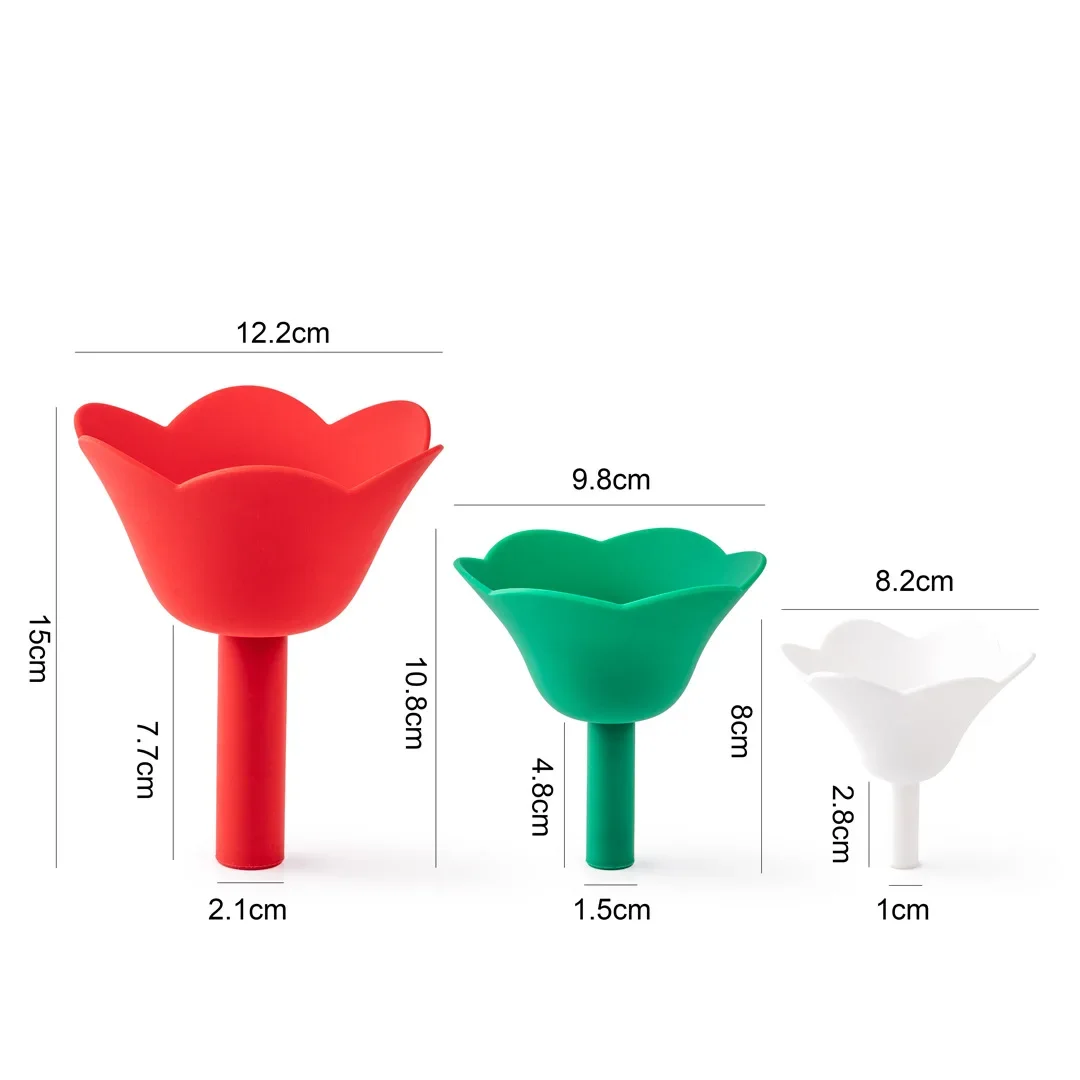 ​ Conjunto de 3 Funis de Cozinha em Silicone Dobráveis em Formato de Flor, Práticos para Despejar Líquidos, Duráveis e Sem Cheiro Peculiar
