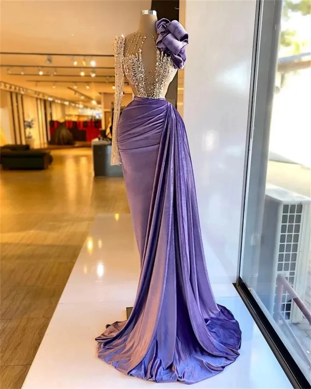 

2024 Purple Velvet One Shoulder Formal Evening Dress Beaded Ruffles For Women Elegant Mermaid Pleats Prom Party Robe De soirée