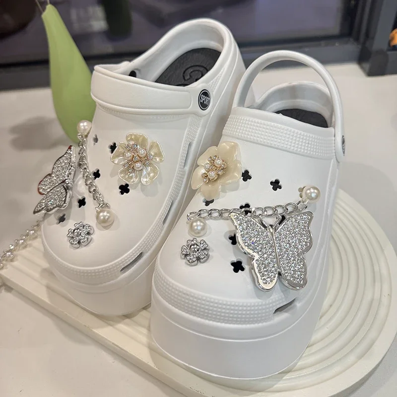 Crystal Butterfly Diy Clogs Sandals Women Summer Chian Chunky Platform Sandles Woman Comfortable Wedge Heels Garden Shoes Female
