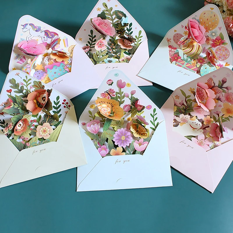Romantic Flower Birthday Christmas Card 3D Pop-up Greeting Cards Set Postcard Party Wedding Decorations Creative Girl Gifts