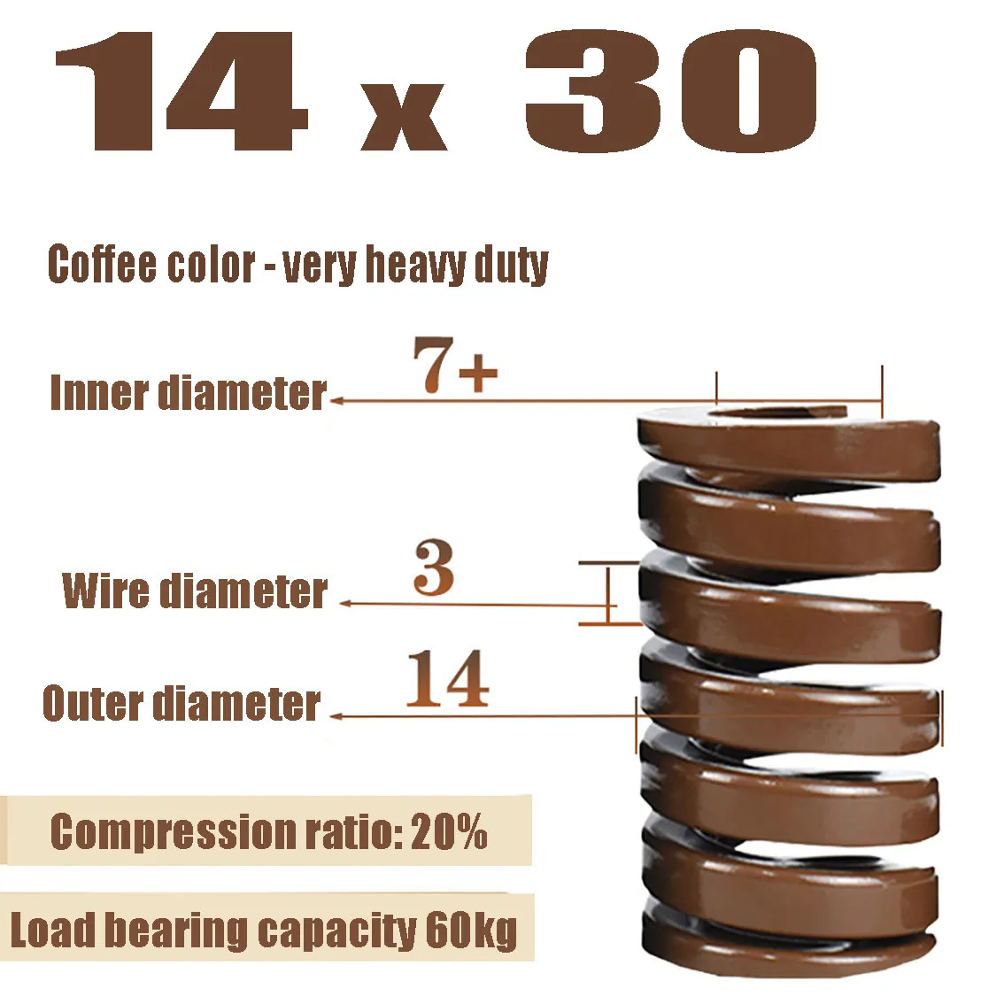 

1PCS Coffee Color (Very Heavy Load) Mold Spring Coil Spring Steel Outer Diameter 14mm Inner Diameter 7mm Length 20-100mm