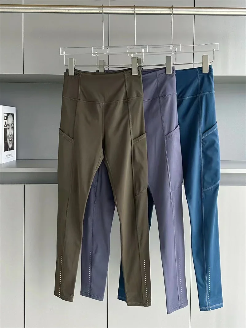 

LuluLogo Women High Waist Side Drop-in Pocket Reflective Sports Leggings Quick Dry Breathable Fitness Running Workout Yoga Pants