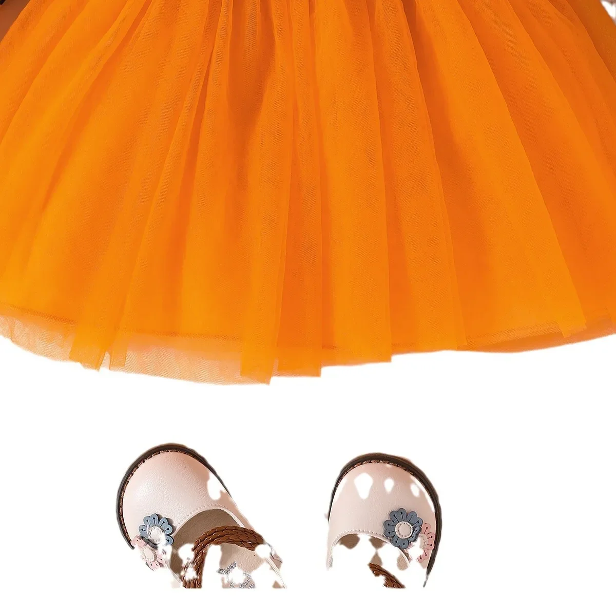 Spring and autumn fashion sweet girl Halloween pumpkin long sleeve gauze skirt simple foreign style dress