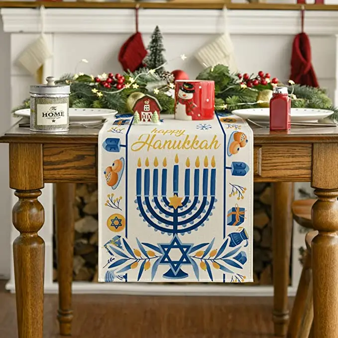 Happy Yom Kippur Table Runner, Hexagon Kitchen Table Decoration for Outdoor Family Gatherings Coffee Table Decor
