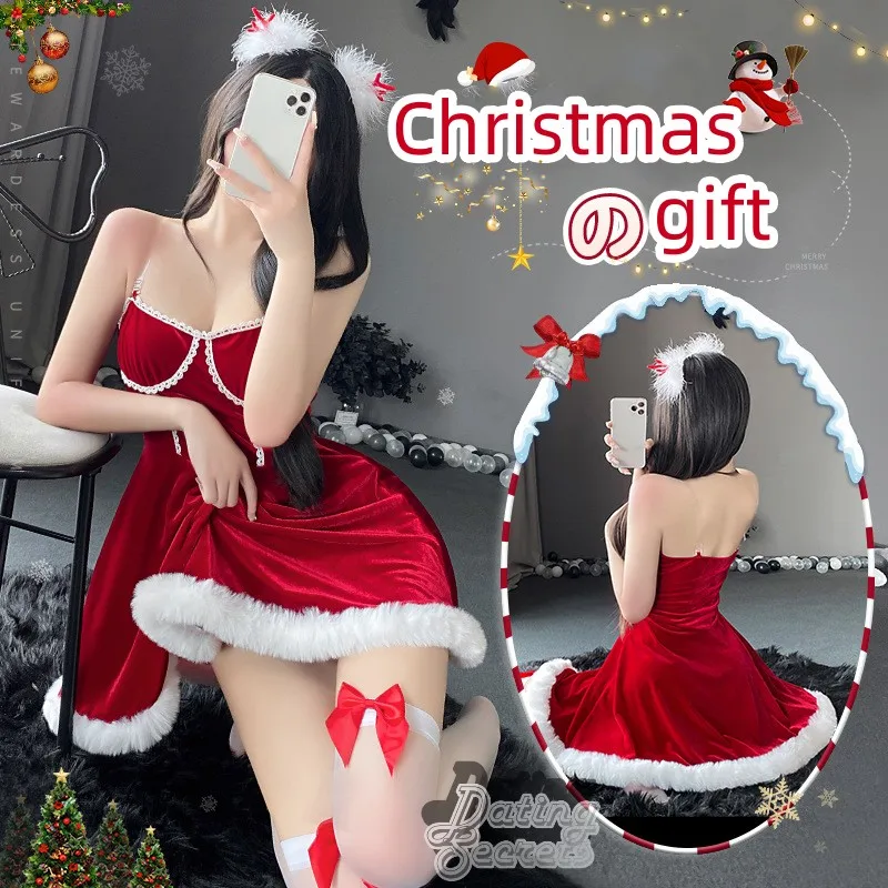 

Red Velvet Cosplay Lingerie Sexy Bra Plush Suspender Backless Nightdress Dress Christmas bow Woman Uniform Set Costume