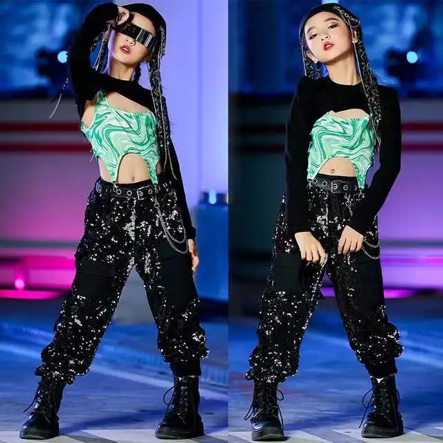 

Dye Tie Tops Shiny Sequins Pants Girls Jazz Dance Performance Stage Costume Rave Clothes New Kids Hip Hop Dance Clothing