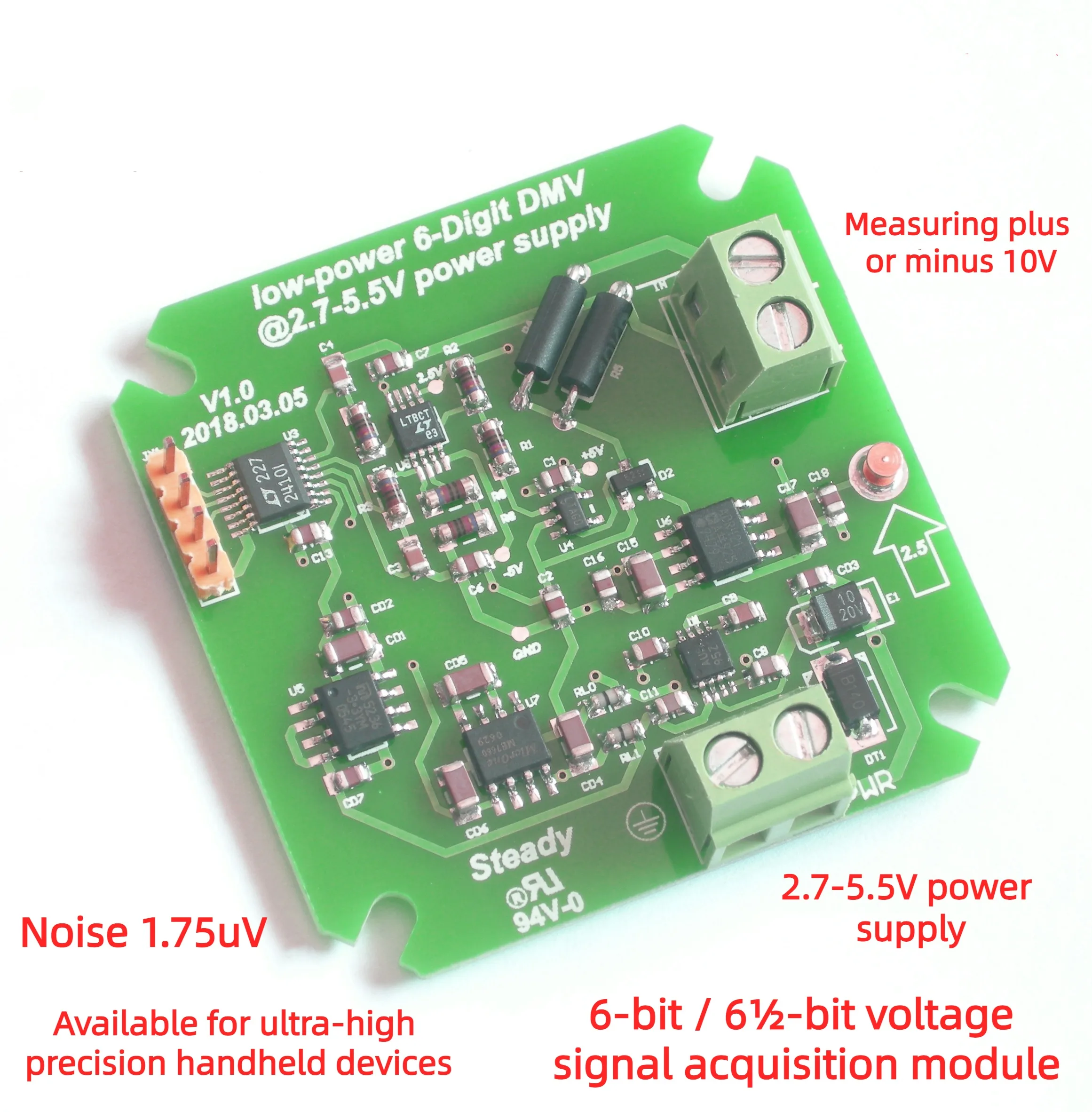 

Battery-powered, High-precision, Low-noise, Low-power, Zero-drift, Multi-protection into 6-bit Voltage Signal Acquisition Module