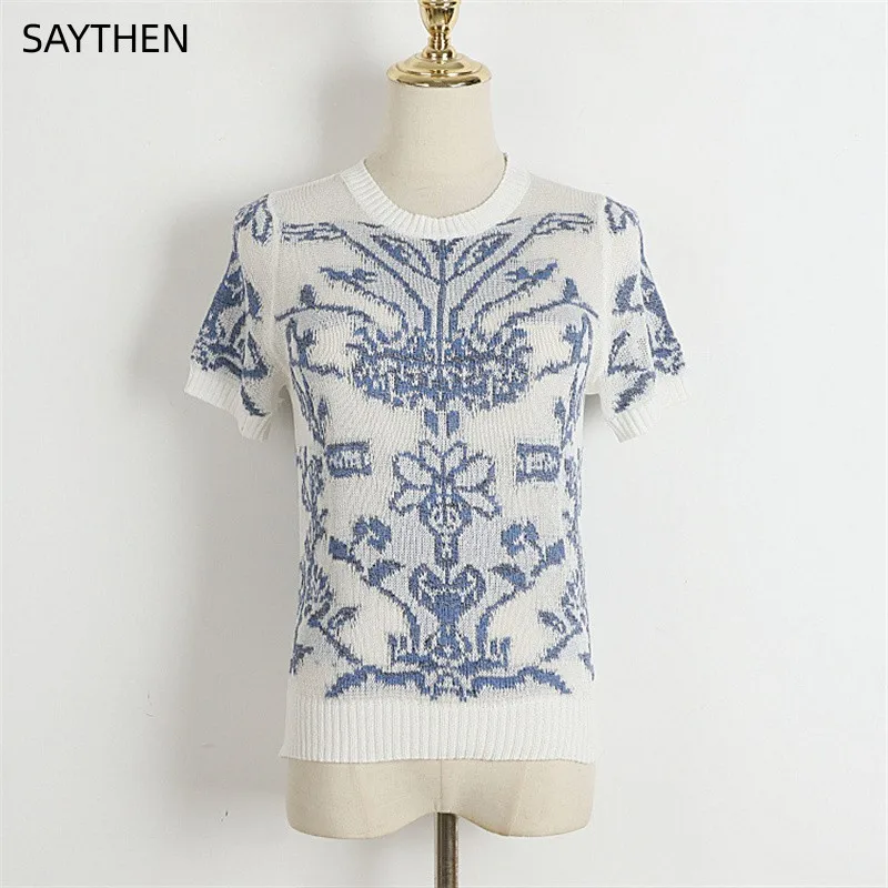 

SAYTHEN Women French Heavy Industry Flower Jacquard Knitwear 2023 Summer Elegant Style Hollow Out Ultra Thin Short Sleeve Top