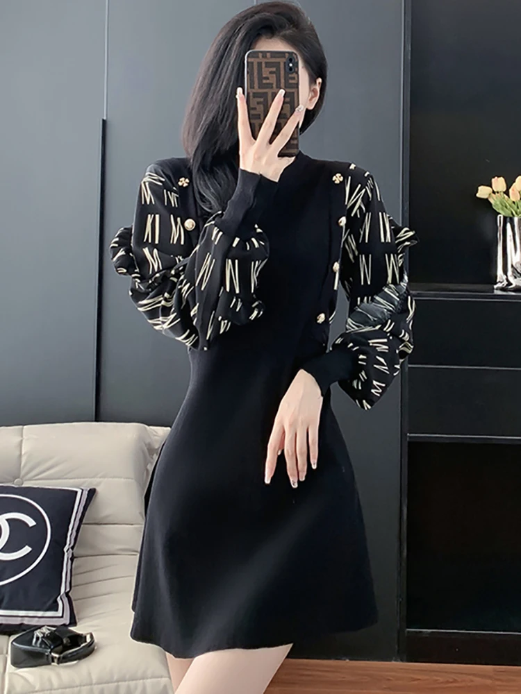 

Женское трикотажное платье в стиле пэчворк с оборками и длинным рукавом, Элегантные повседневные Мини-пуловеры 2023, корейские винтажные платья-свитеры