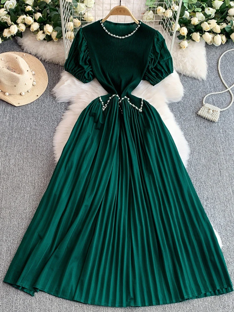 Women Vintage Pleated Dress Eleagnt Round Neck Short Sleeve Evening Party  Dresses Ladies Summer Nail Bead Long Robe Vestidos - AliExpress 200000345