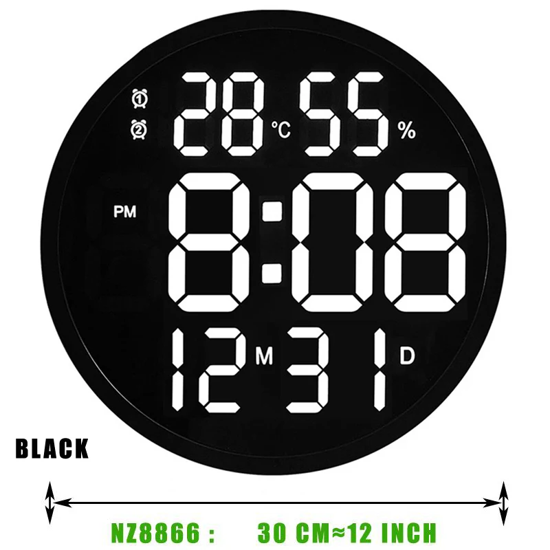 10 or 12 Inch Big Digital Led Wall Clock Alarm with Calendar,Smart Brightness,Humidity,Temperature Thermometer.Modern Home Decor 