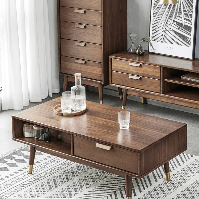 Solid wood tea table, simple modern living room, small unit type, walnut, low