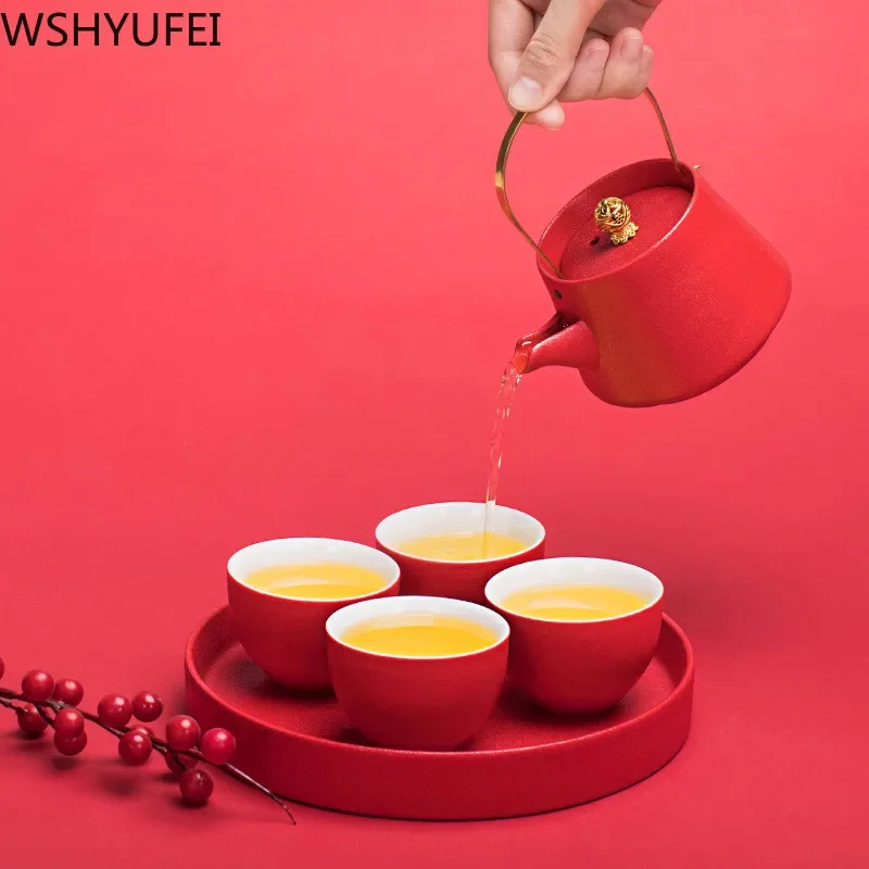 WSHYUFEI Red Teapot Ceramics tea set China wedding Tea Sets Tea Cups Pot Porcelain Wedding banquet Beautiful Kettle Gifts