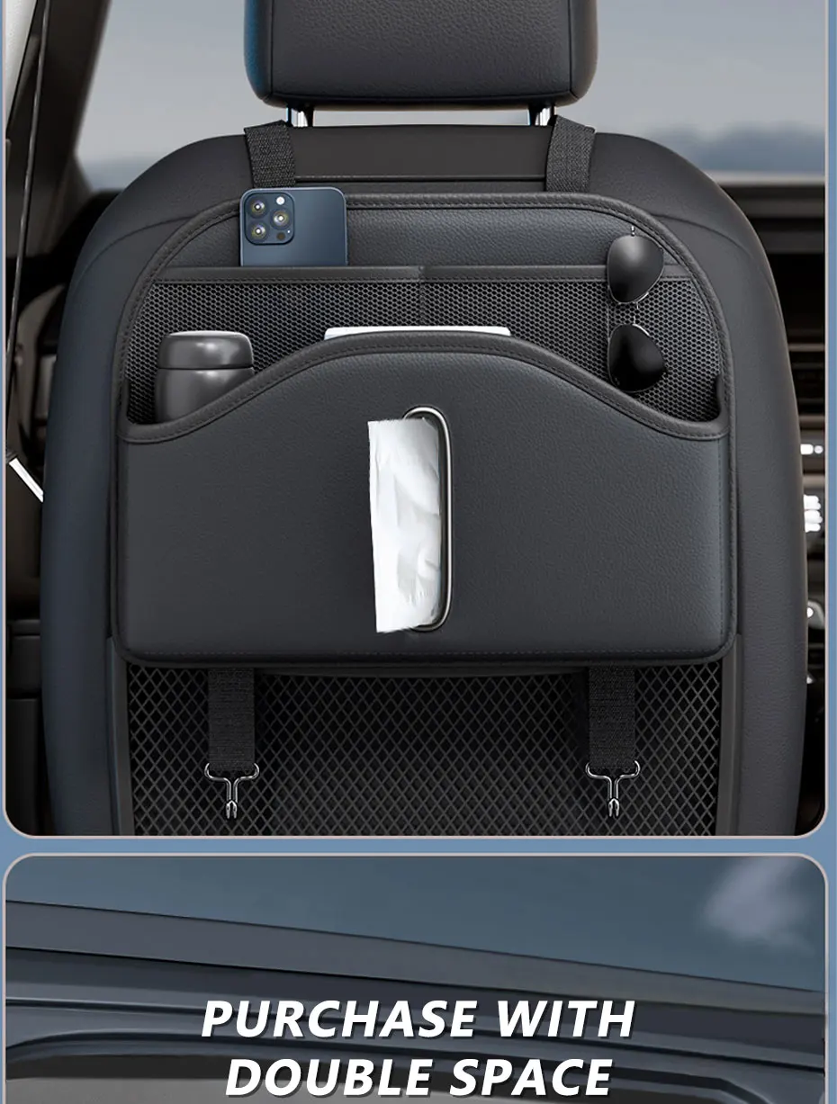 BLALION Autositz-Aufbewahrungstasche zum Aufhängen, multifunktional, hochwertiges Leder, Rücksitz-Organizer, Getränkehalter, Regenschirm, Telefontaschen – Detail 4