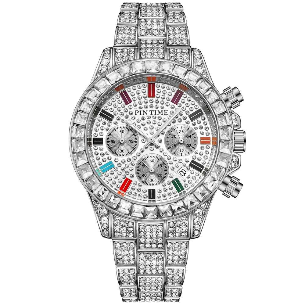 PINTIME Luxury Men's Crystal Watch Fashion Full Bling Diamond Iced Out Watches Business Man