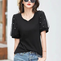 T-shirt à manches courtes pour femmes, Station européenne, Été, Nouveau, Mode, observateur, Luxe, Pur Coton, Col en V, Haut décontracté 3