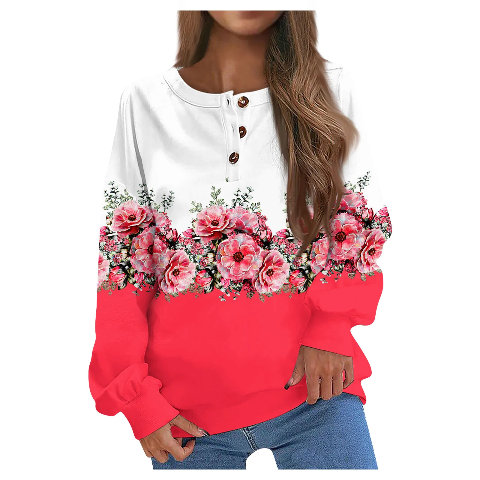 

Женский пуловер на пуговицах, повседневный Свободный пуловер с круглым вырезом и градиентным принтом и длинными рукавами, одежда для осени и зимы