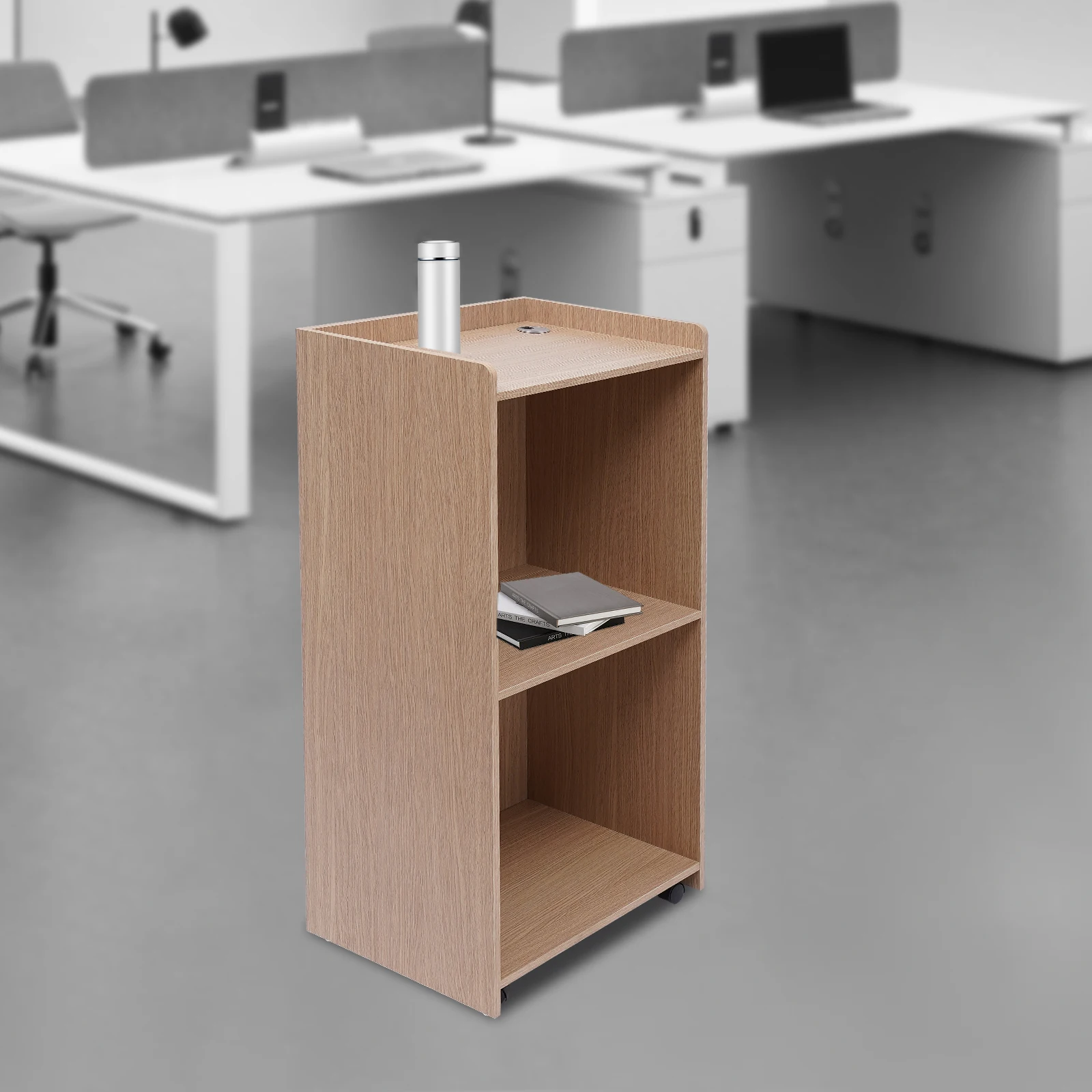 Wood Portable Podium Stand Reception Desk Lectern with Mobile Wheels Storage Shelf 22.6 * 14.5 * 41.3" Churches Podium