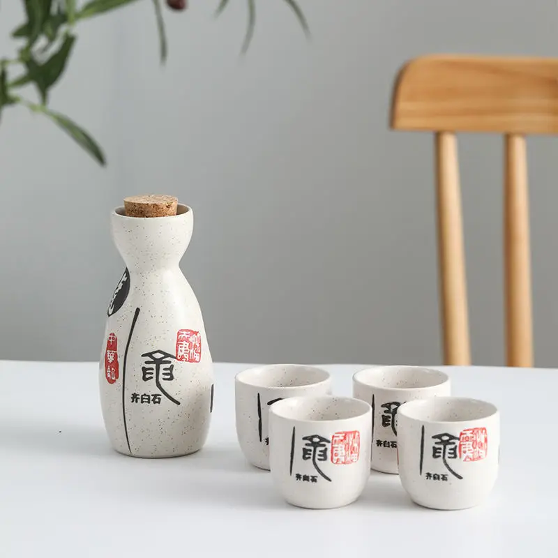 Ceramic Sake Set with Bottle Carafe (5 oz) 4 Cups (1.6 oz) Hand Painted Design Porcelain Pottery Ceramic Cups Crafts Wine Glasse