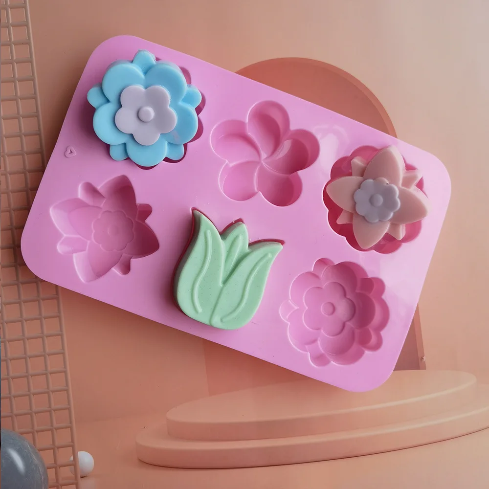 Silicone mold 6 holes flower-shaped rose flower homemade soap candle making easy demould handmade cake chocolate baking
