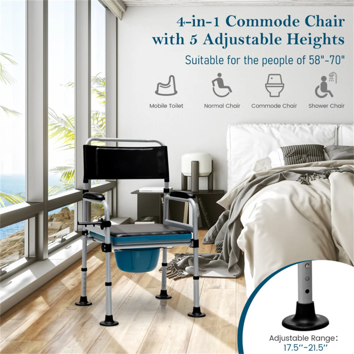 Raised Toilet Seat with Handles, Elevated Toilet Seat Stand Safety Frame, Adjustable Assist Shower Chair for Seniors