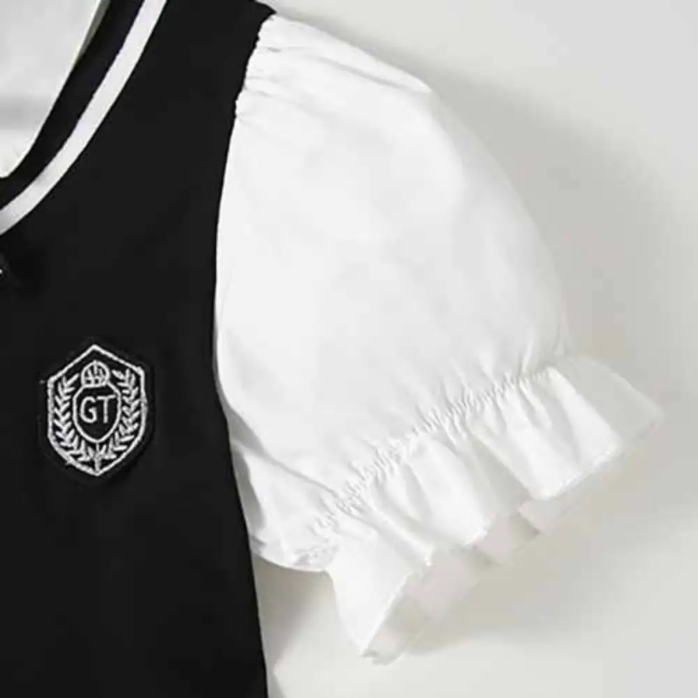 Pleated Girls False Two Dress Preppy Style Short Sleeve Summer Kids Dresses Beach Vacation Teenagers Children A-line Dress Beach