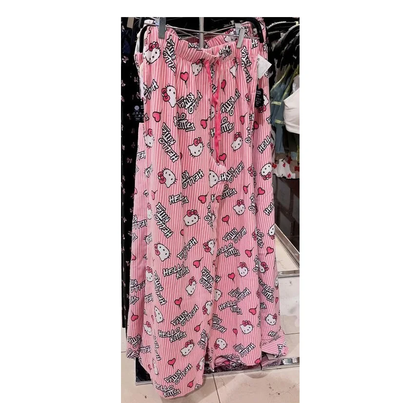 Cartoon Hello Kitty Sleeper Pants For Women Loose Thin Pink Casual Home Pants Outerwear Walking For Girls