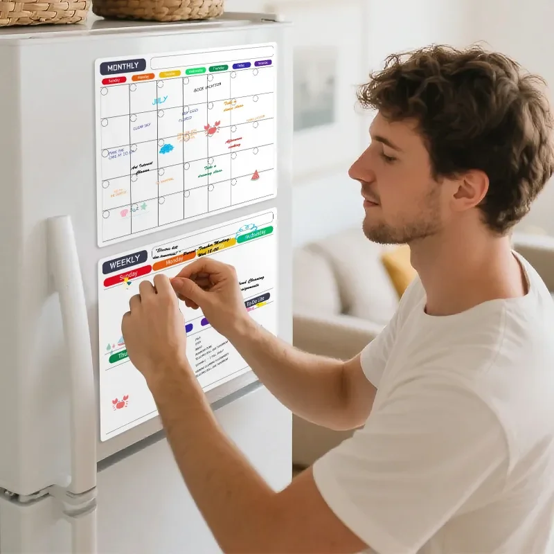 Magnetic Weekly Monthly Planner Reversible Whiteboard for Fridge Office Daily Schedule Organizer with Markers Eraser