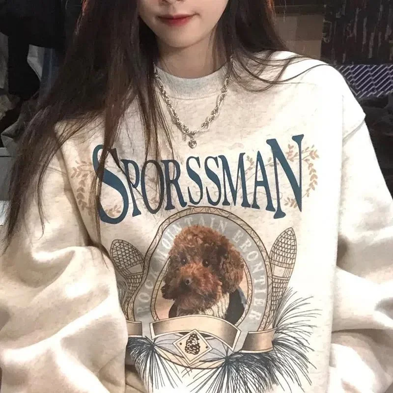 

Korean Style Teddy Dog Cartoon Sweatshirt O-neck Long Sleeve Winter Pullover Women Girls Streetwear Kawaii Clothes Loose Casual