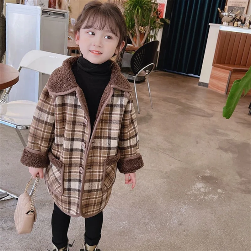 

Girls Woolen Coat Jacket Outwear 2022 Brown Plus Thicken Spring Autumn Cotton Overcoat Comfortable Teenagers Tops Children's Clo