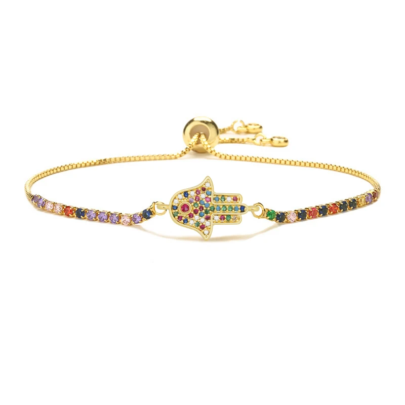 

Multicolor Cubic Zirconia Crystal Hamsa Hand Evil Eye Lucky Charm Bracelet Women Box Chain Copper Beaded String Jewelry Present