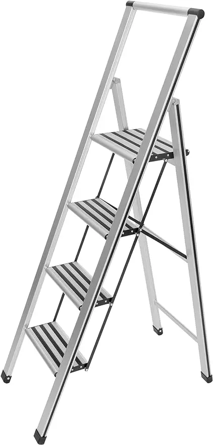 

WENKO 4 Step Ladder, Aluminum Folding Step Stool with Wide Anti Slip Steps, Heavy Duty Step Stool, Hold up to 330lbs