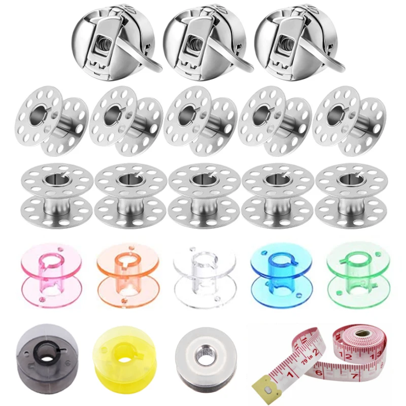 25Pc Empty Bobbins Sewing Machine Spools Clear Plastic/Metal Bobbins