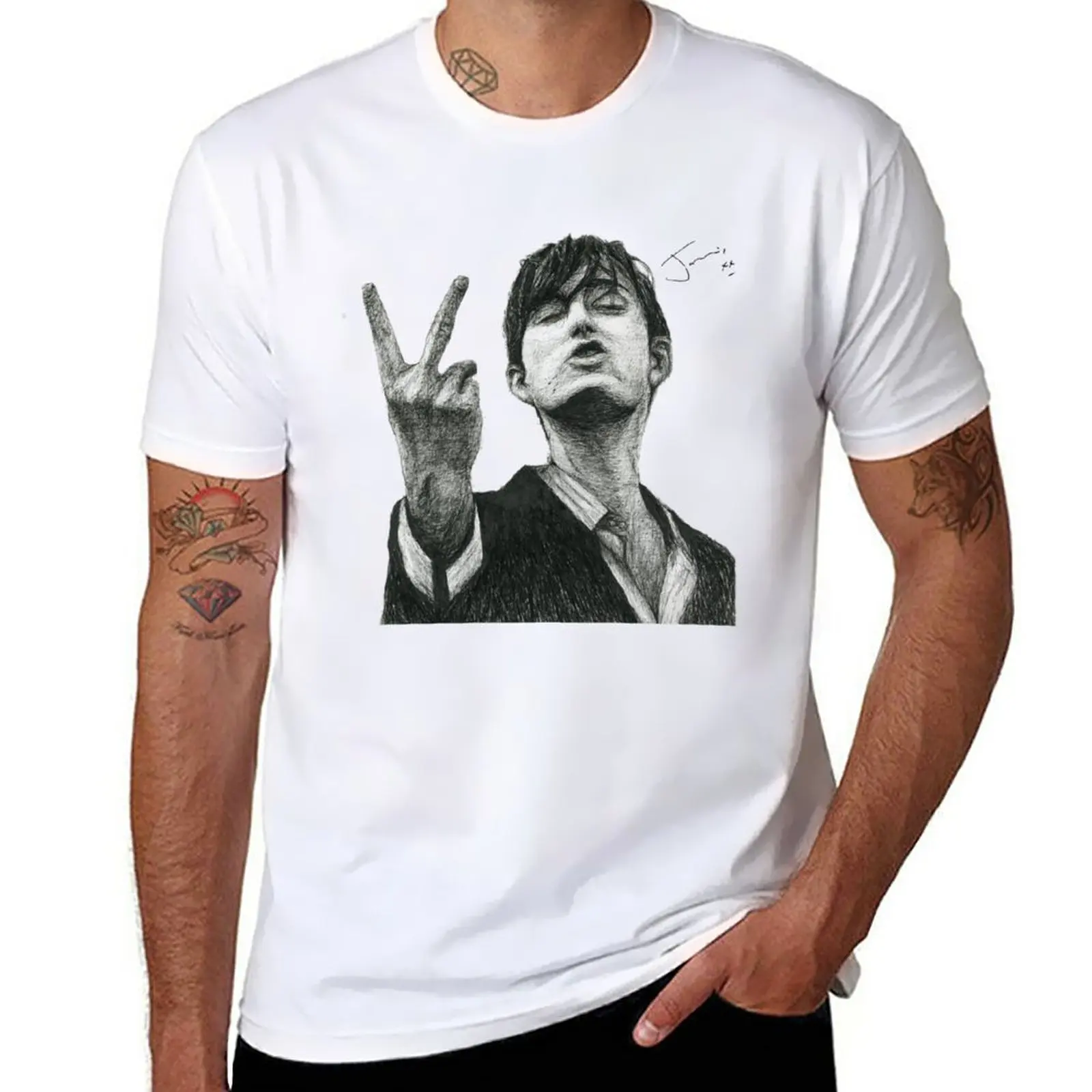 Jarvis Cocker Outline V Sign Sketch Con Autografo E Sfondo-Iconic Jarvis Moment T-Shirt Taglie Forti Abbigliamento Uomo