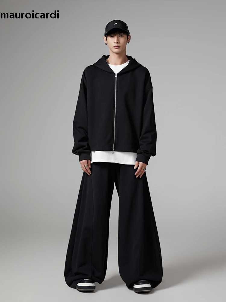 Mauroicardi Autumn Black Flowy Baggy Wide Leg Pants for Mens with Drawstring Elastic Waist Streetwear Loose Casual Soft Trousers 4