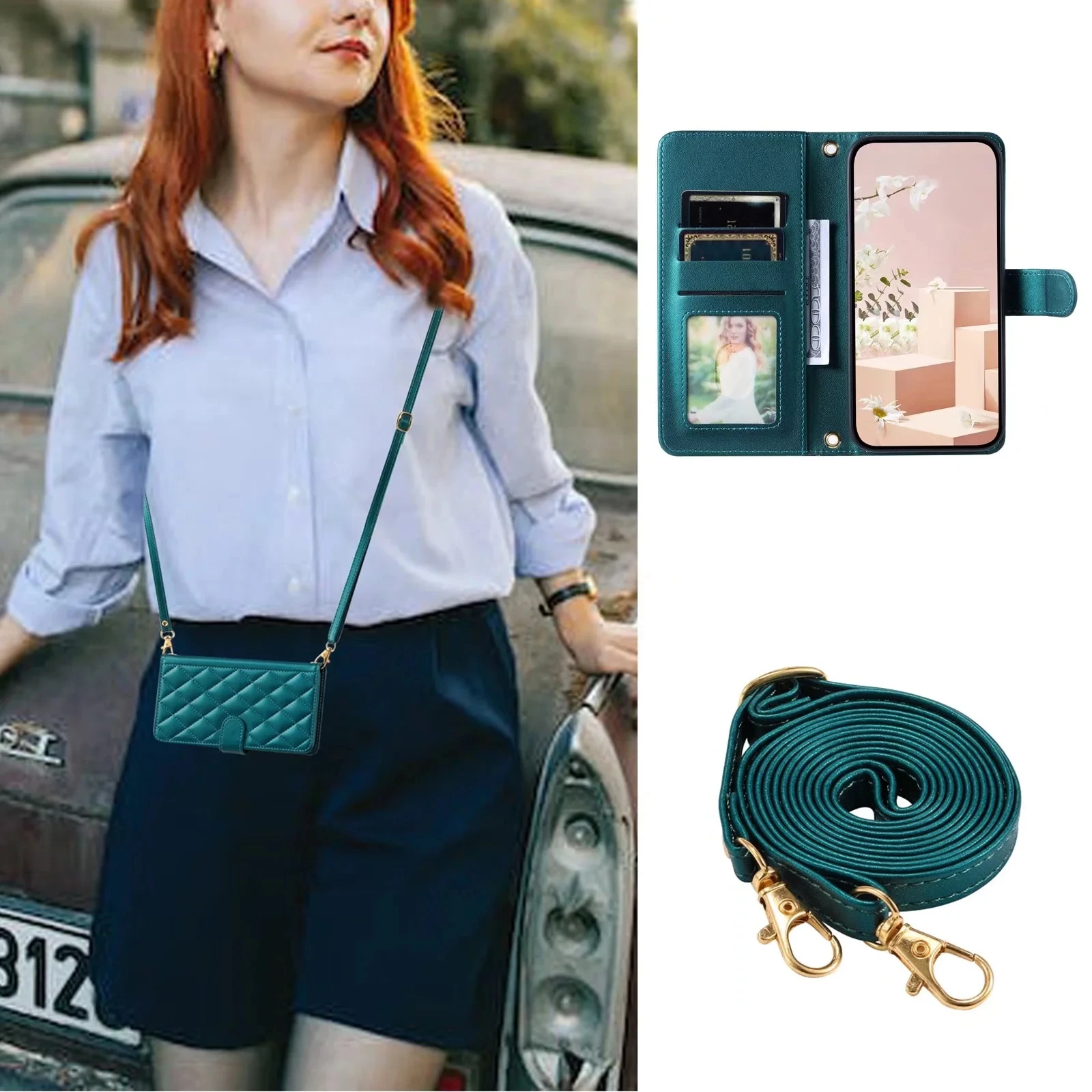Premium Long Lanyard Flip Leather Wallet Phone Case with Card Holder and Cover