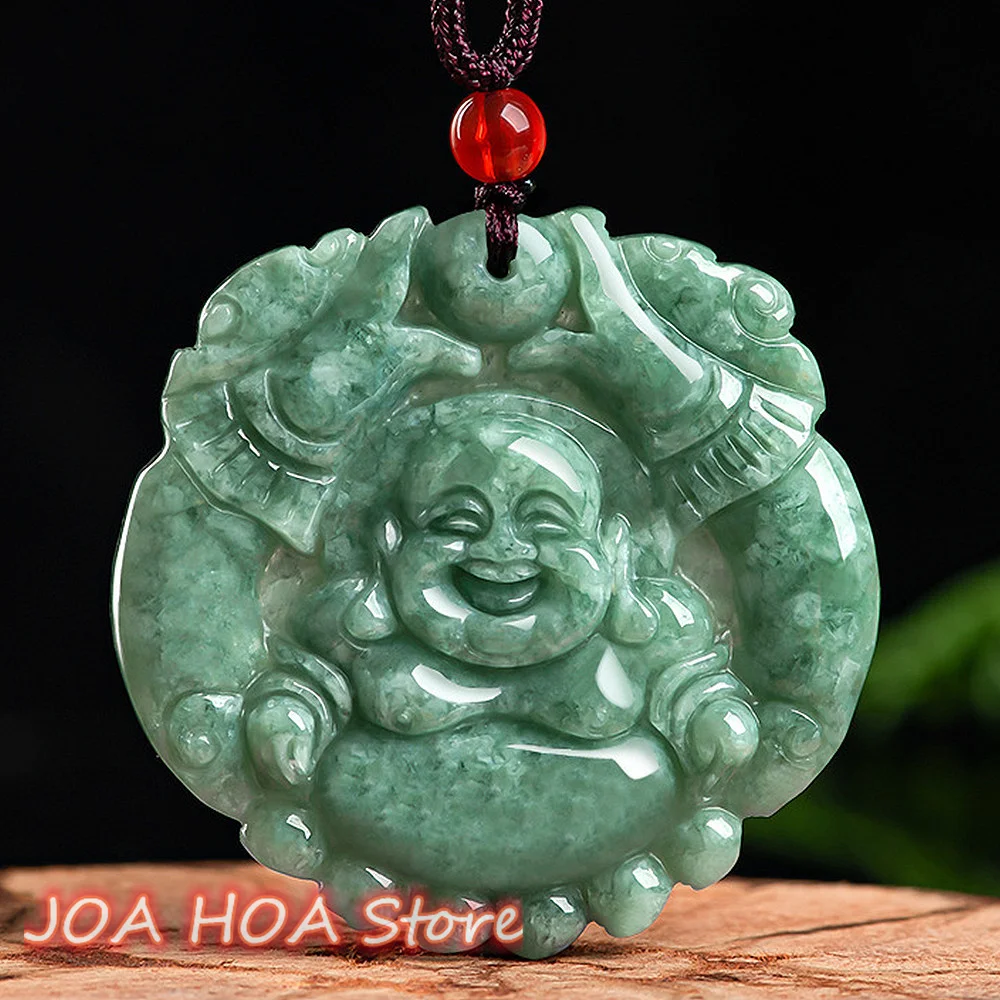

New Natural A Goods Jadeite Hand-carved Double Dragon Laughing -Buddha Maitreya Buddha Pendant Jade Emerald Necklace Jewelry