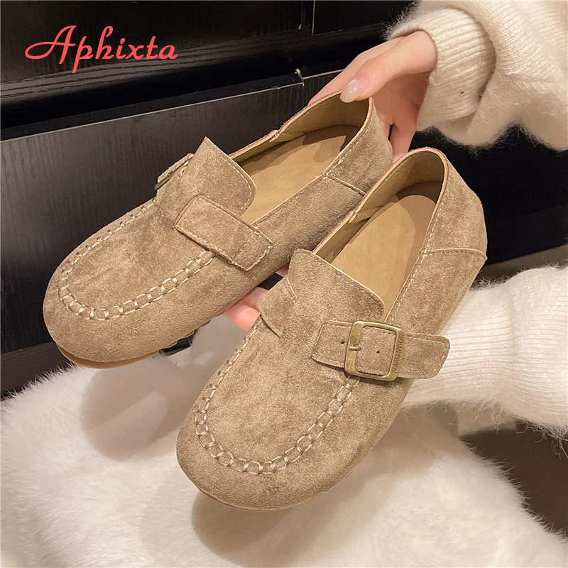 Aphixta Suede Upper Flat With Woman Loafers Shoes Sewing Design Slip on Ladies Shoes Khaki Round Toe Casual Shoes