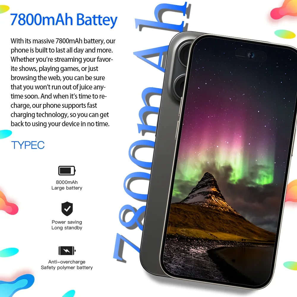 글로벌 버전 스마트폰, 7.3 인치, XS15 프로 맥스, 풀 스크린, 4G, 5G 휴대폰, 7800mAh, 오리지널 브랜드, 신제품