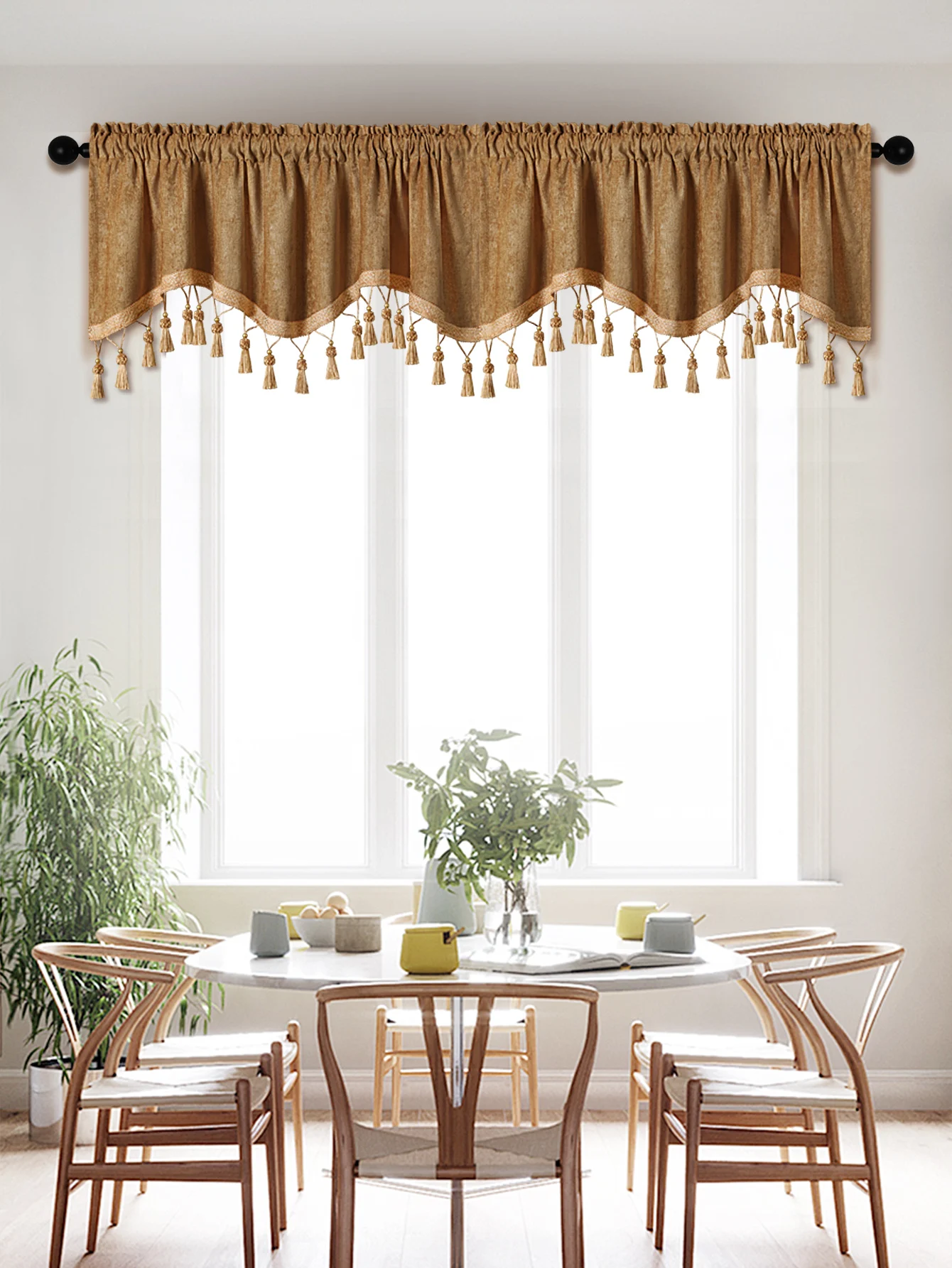 Description Picture 5 of item1PC Simple European Style Window Curtain Valance for Living Room，Rod Pocket，S-shaped  Valance with Tassels for Window Decor