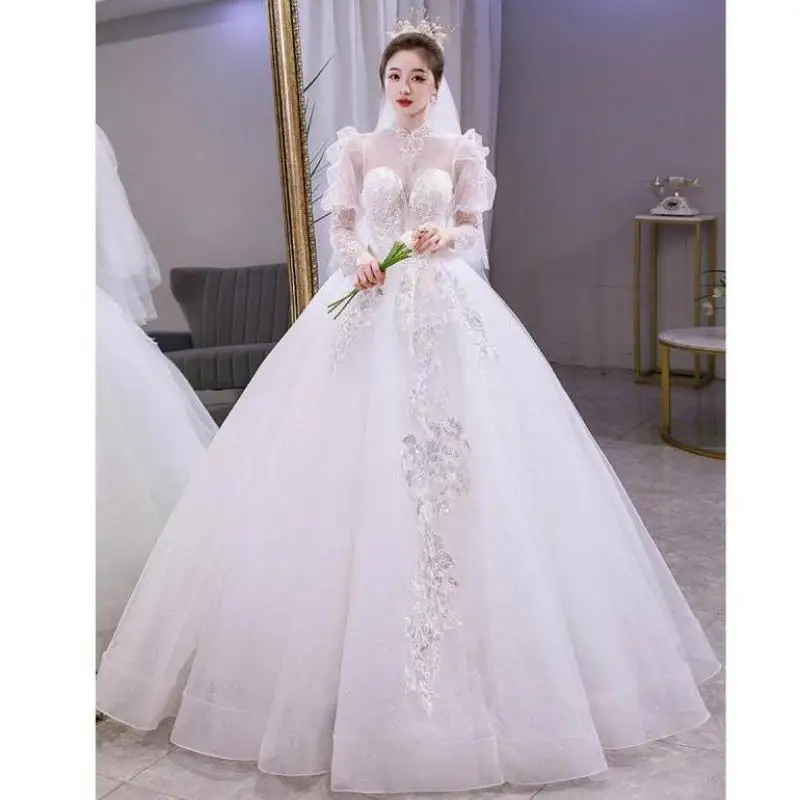 

Elegant High Neck Wedding Dresses With Long Sleeve Delicate Sequin Beading Tulle Bridal Dress Classic Luxury Robe De Mariee