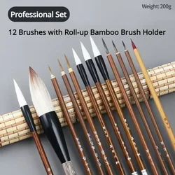 Deluxe Chinese Calligraphy Brush Set with Bamboo Roll-up Holder for Sumi Painting and Watercolor Art (12pcs Professional S)