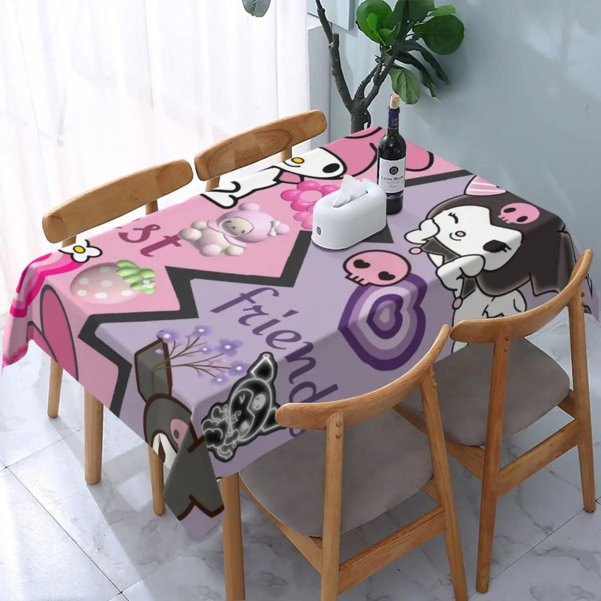 thumbnail image 1 of Mantel rectangular personalizado de Anime Kuromi Sanrio que se adapta a mesas con borde elástico de 40 a 44 pulgadas, 1 of 5