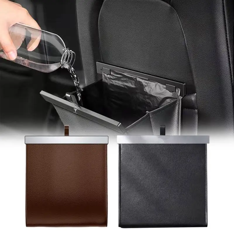 

Leather Car Trash Bag Hanging Garbage Bin Pu Leather Foldable Storage Co-Pilot Trash Bag Auto Organize Interior Accessories