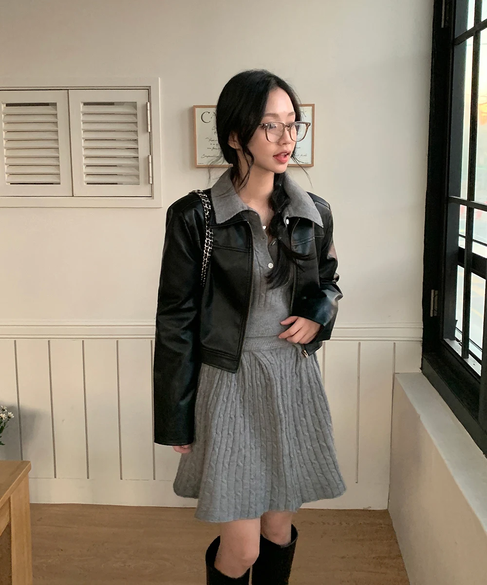 Korean Fashion Two-piece Set Women Pullover Turn-down Collar Crop Top Mini Skirt Solid Casual Suit Autumn New Knitwear Outfits