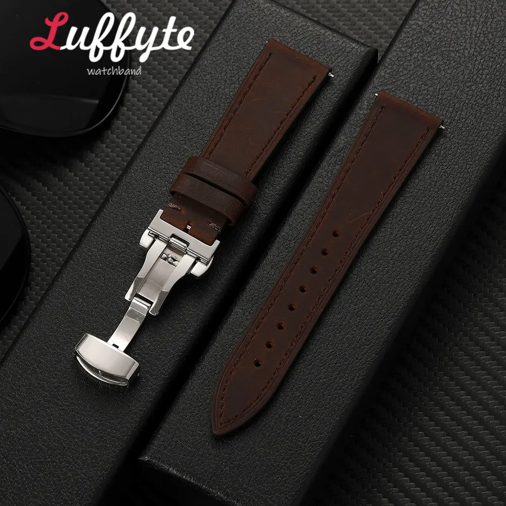 Men's Vintage Crazy Horse Leather Watch Band with Butterfly Buckle