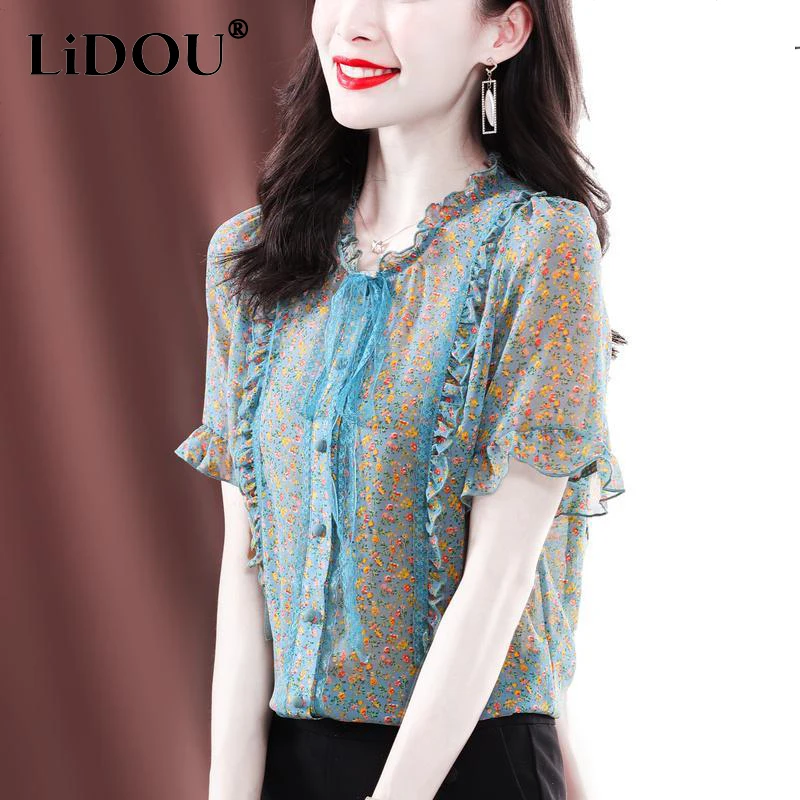 

Summer New Casual Fashion Ruffles Floral Print Chic Bow Shirt Lady Short Sleeve Loose All-match Buttons Chiffon Top Women Blouse
