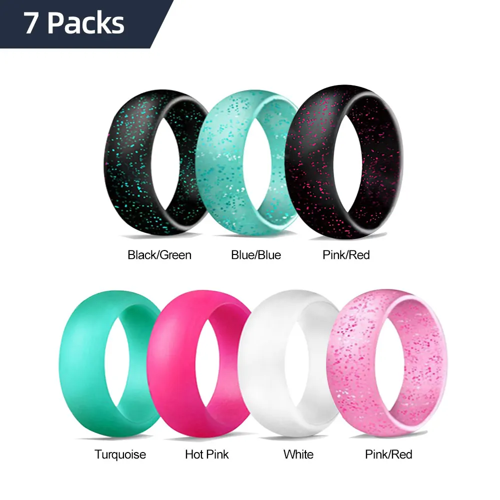 Geedyn 5.7mm Glitter 7 Color Silicone Ring Set for Women