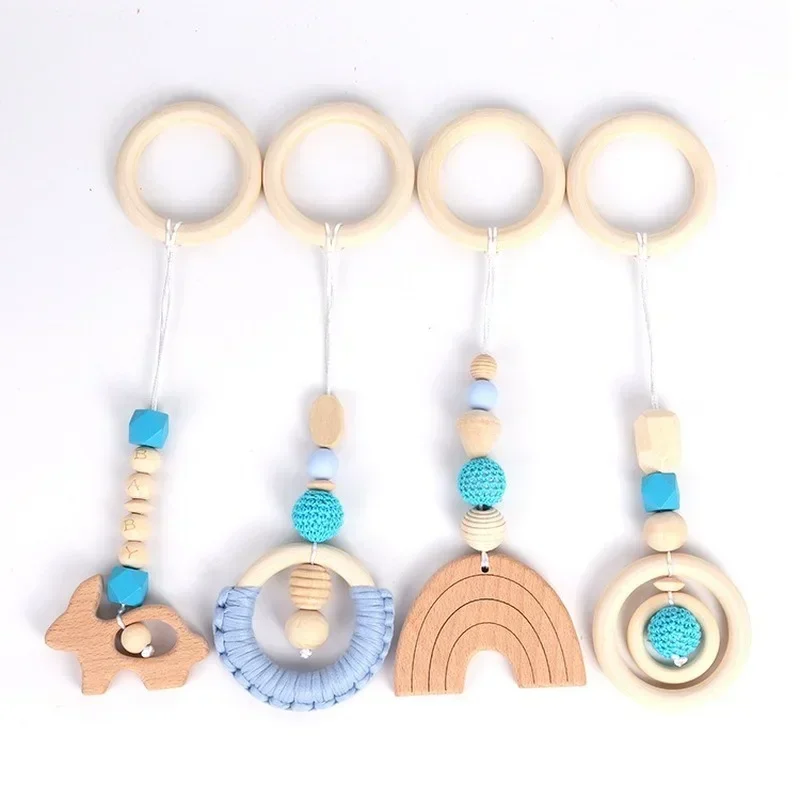 4PCS/Set Wood Teether Toddler Hanger Rattle Wood Ring Teething Toys For Newborn Baby Pram Toy Bebe Baby Play Gym Silicone Beads